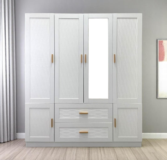 75" White Ribbed Texture Wood Mirrored Six Door Two Drawer Combo Dresser-0