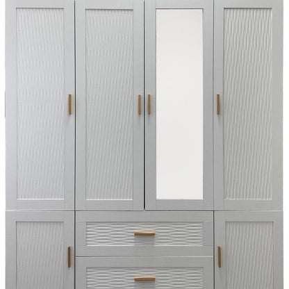 75" White Ribbed Texture Wood Mirrored Six Door Two Drawer Combo Dresser-3
