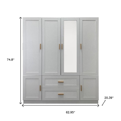 75" White Ribbed Texture Wood Mirrored Six Door Two Drawer Combo Dresser-7