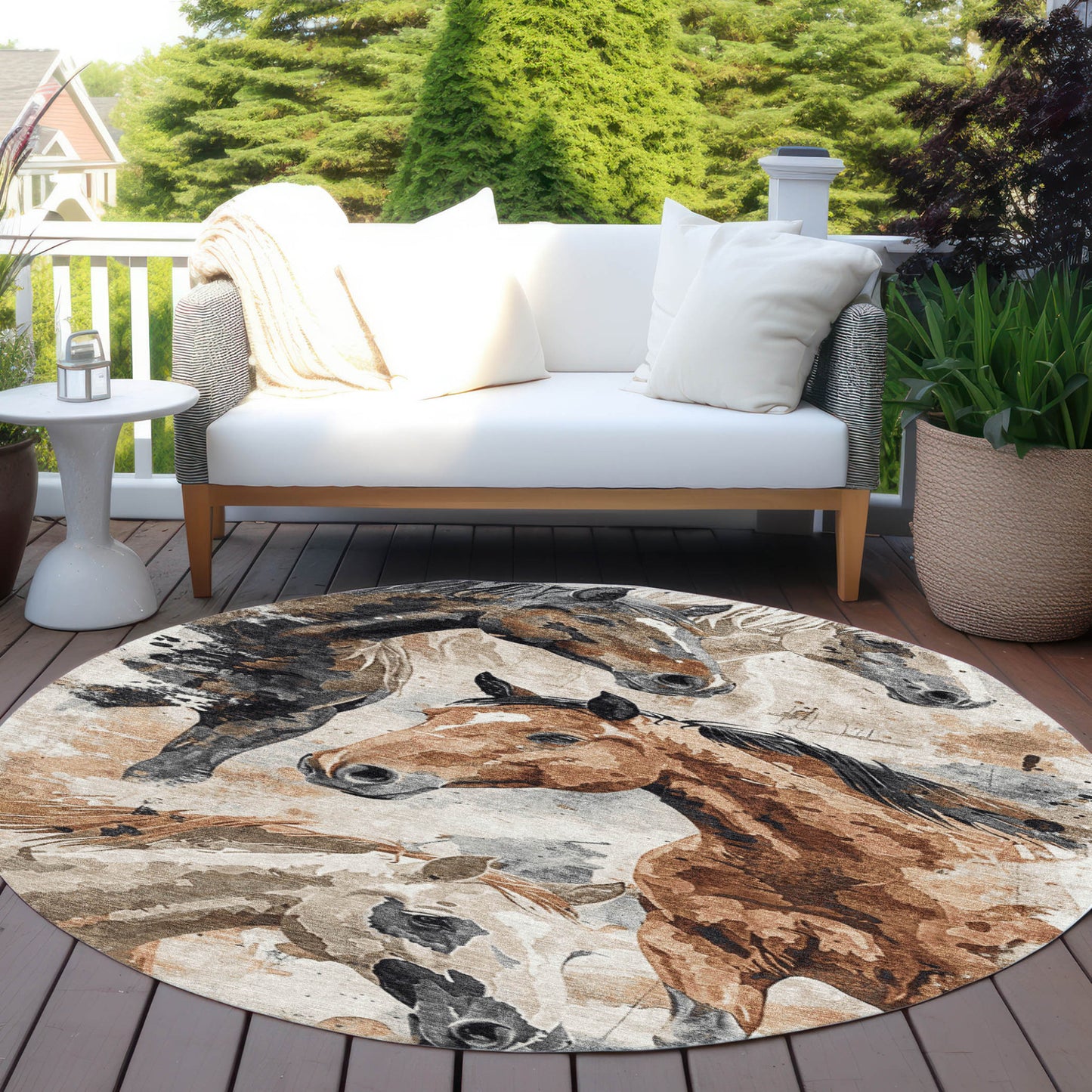8' Beige Charcoal And Brown Round Horse Washable Indoor Outdoor Area Rug-6
