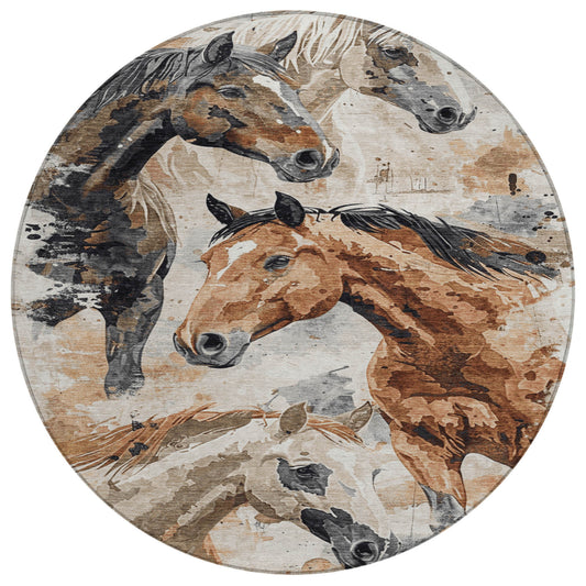 8' Beige Charcoal And Brown Round Horse Washable Indoor Outdoor Area Rug-0