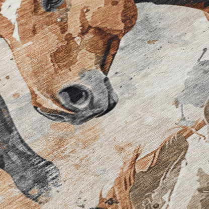 8' Beige Charcoal And Brown Round Horse Washable Indoor Outdoor Area Rug-4