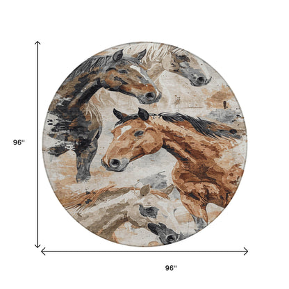 8' Beige Charcoal And Brown Round Horse Washable Indoor Outdoor Area Rug-8