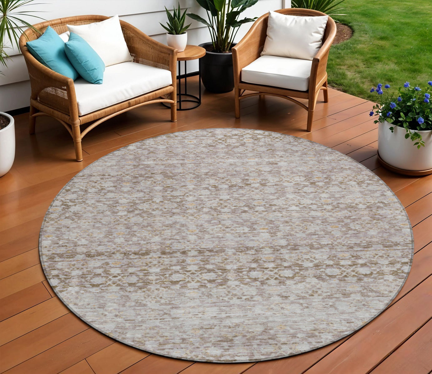 8' Taupe And Beige Round Striped Washable Indoor Outdoor Area Rug-1
