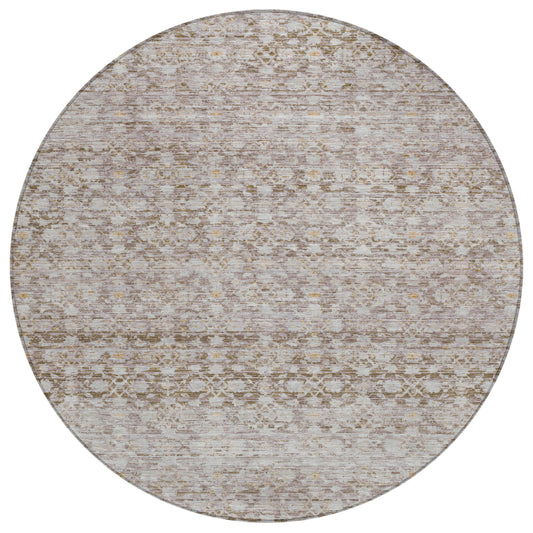 8' Taupe And Beige Round Striped Washable Indoor Outdoor Area Rug-0
