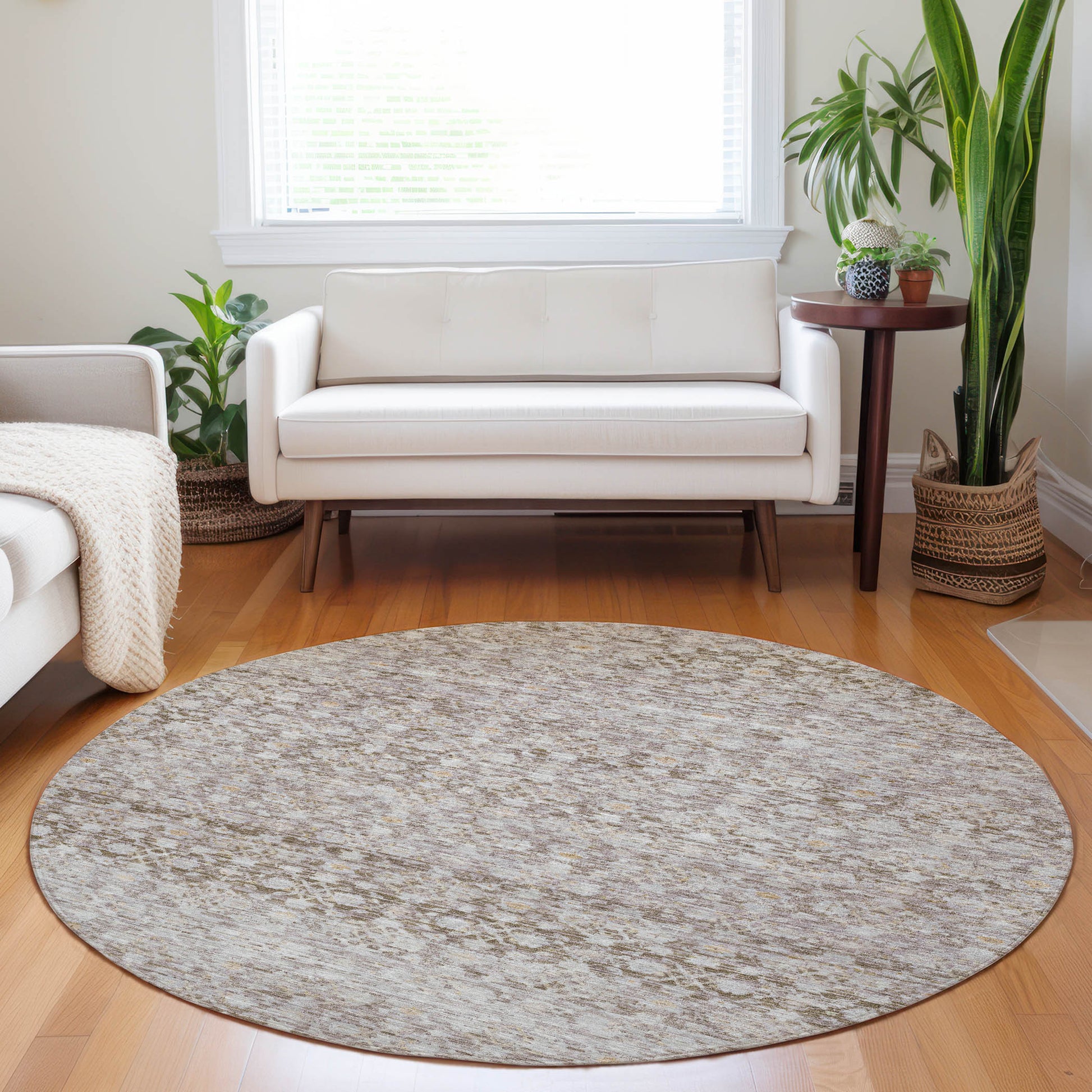 8' Taupe And Beige Round Striped Washable Indoor Outdoor Area Rug-5