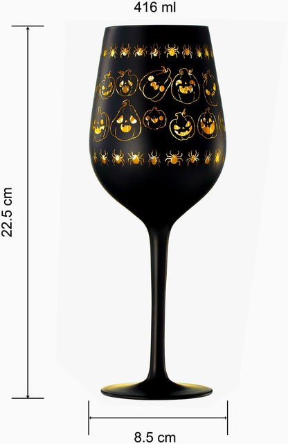 Crystal Halloween Stemmed Wine Glasses - Set of 2 - Pumpkin Themed Vibrant Black & Gold Spooky Ghost Pattern Frosted Glass, Perfect for Themed Gothic Parties Trick Or Treat Gifts for Him Her (14 OZ)-4