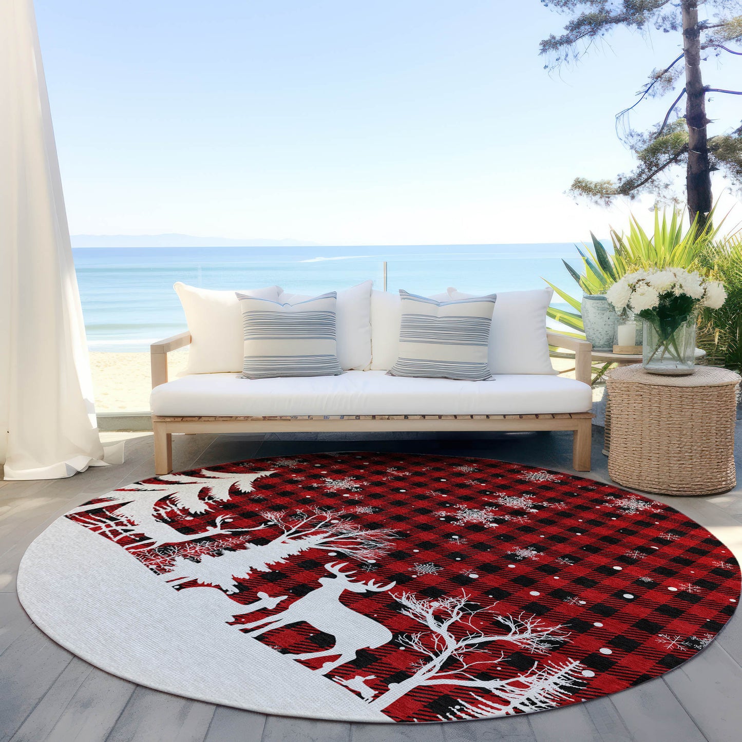 8' Red Black And Ivory Round Plaid Washable Indoor Outdoor Area Rug-5