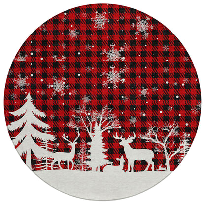 8' Red Black And Ivory Round Plaid Washable Indoor Outdoor Area Rug-0