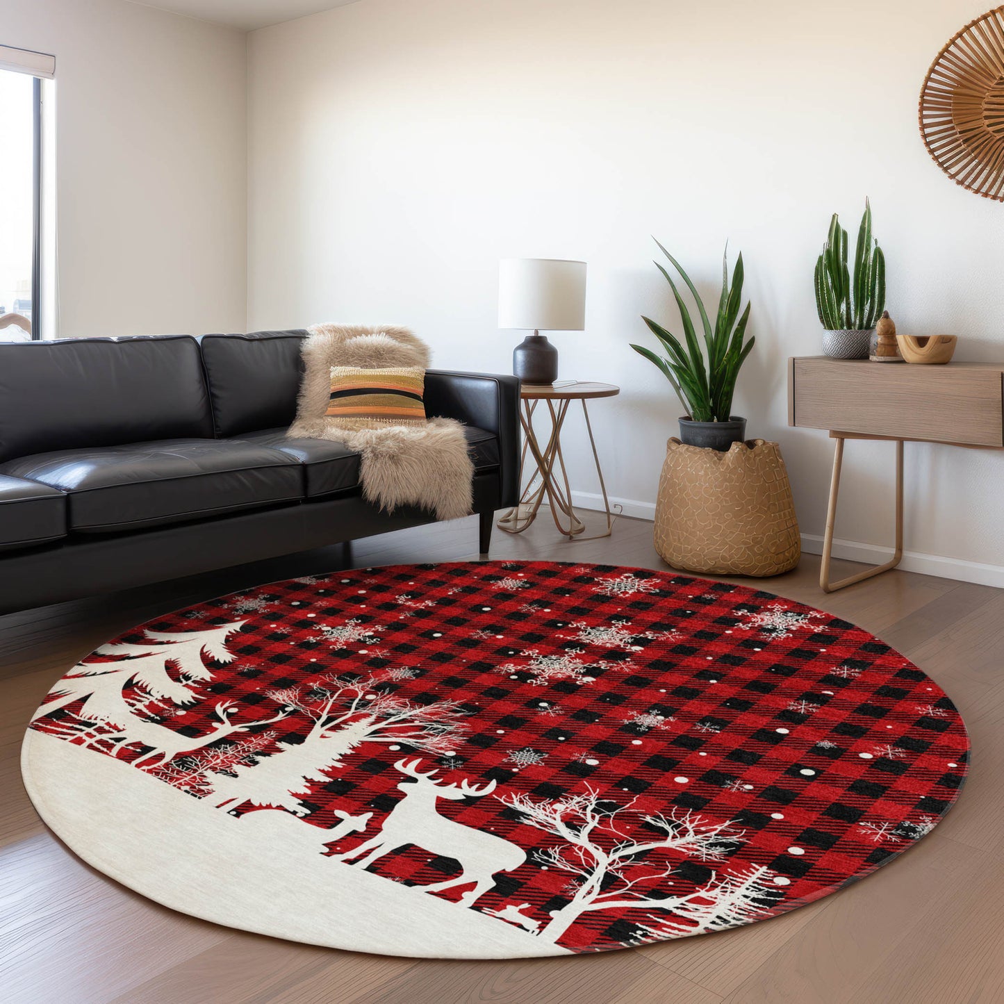 8' Red Black And Ivory Round Plaid Washable Indoor Outdoor Area Rug-6