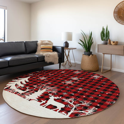 8' Red Black And Ivory Round Plaid Washable Indoor Outdoor Area Rug-6