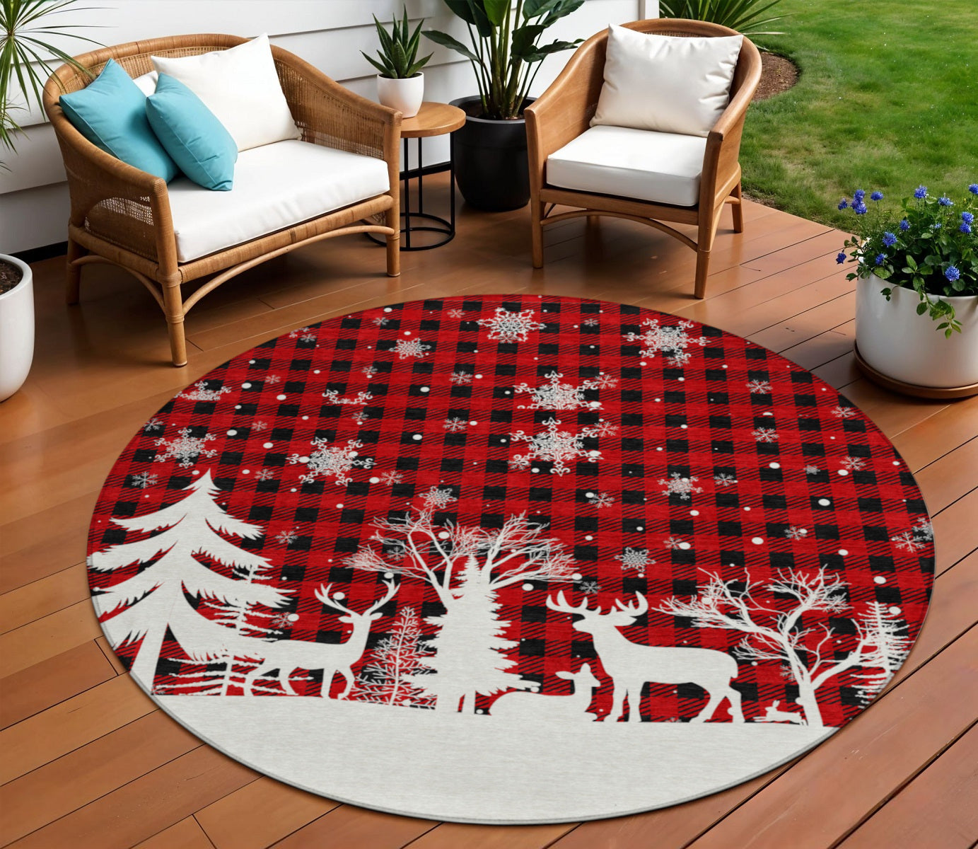 8' Red Black And Ivory Round Plaid Washable Indoor Outdoor Area Rug-1