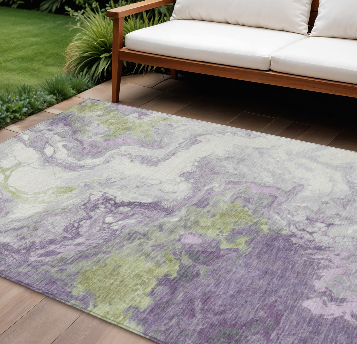 8' X 10' Lavender And Fern Green Abstract Washable Indoor Outdoor Area Rug-1