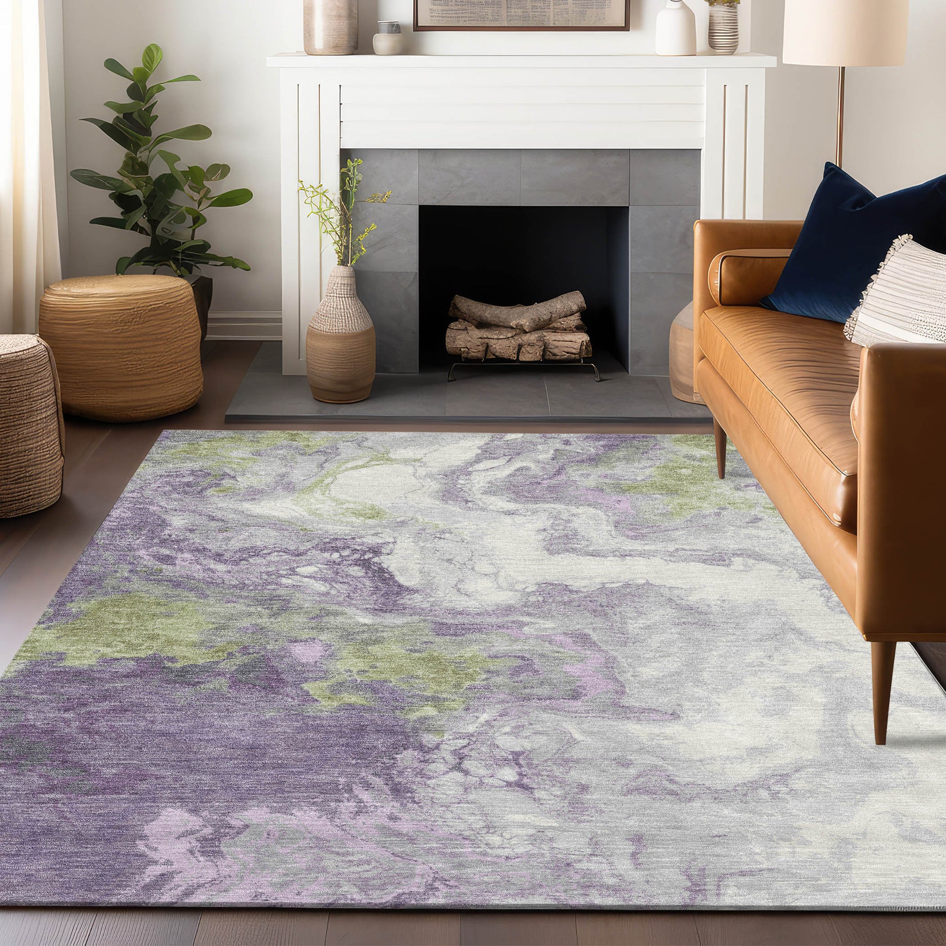 8' X 10' Lavender And Fern Green Abstract Washable Indoor Outdoor Area Rug-6