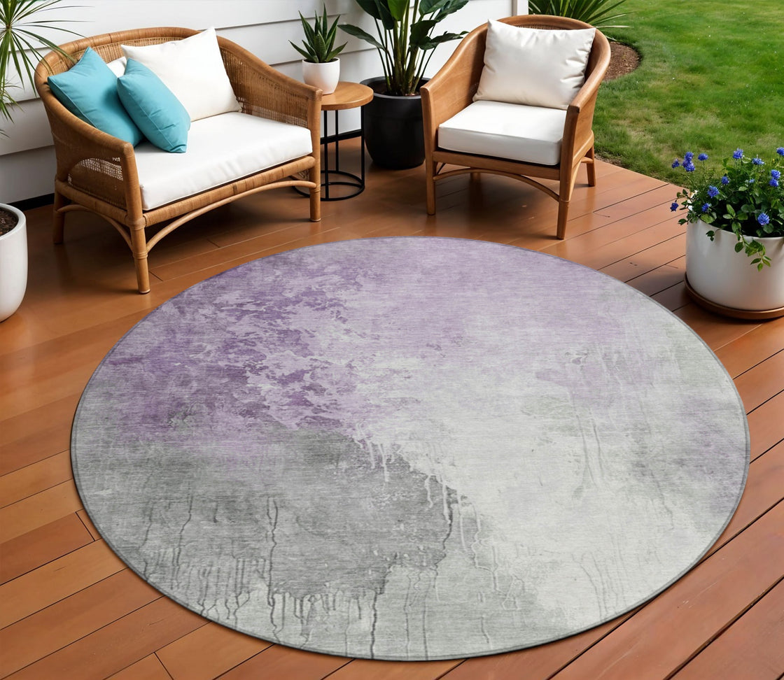 8' Lavender And Gray Round Abstract Washable Indoor Outdoor Area Rug-1