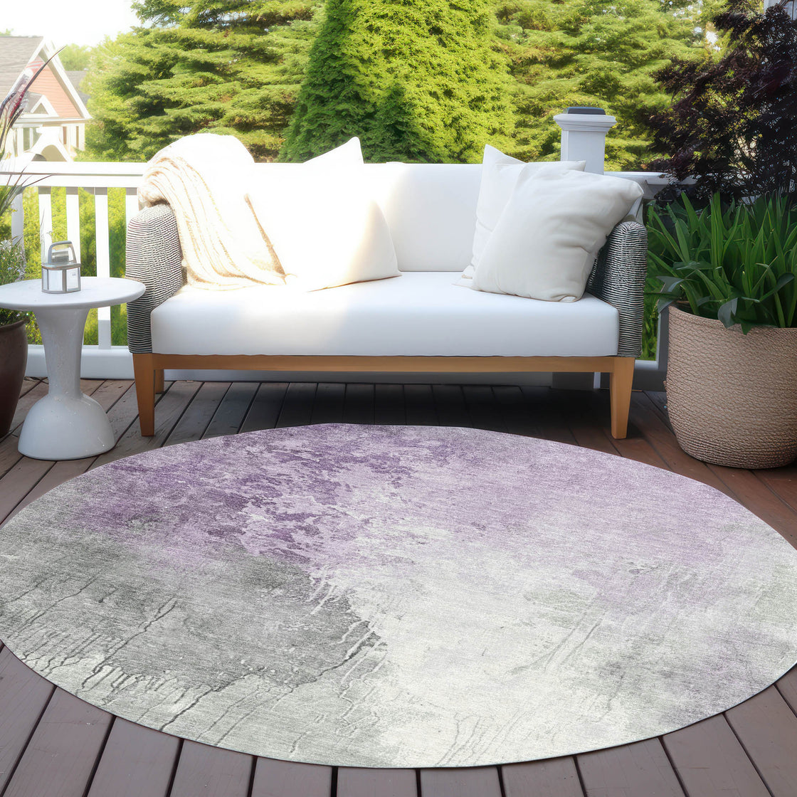 8' Lavender And Gray Round Abstract Washable Indoor Outdoor Area Rug-5
