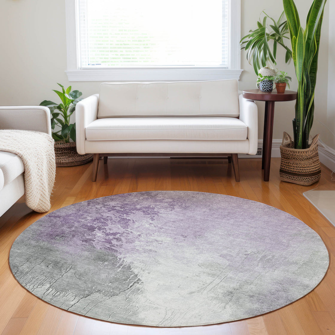 8' Lavender And Gray Round Abstract Washable Indoor Outdoor Area Rug-6