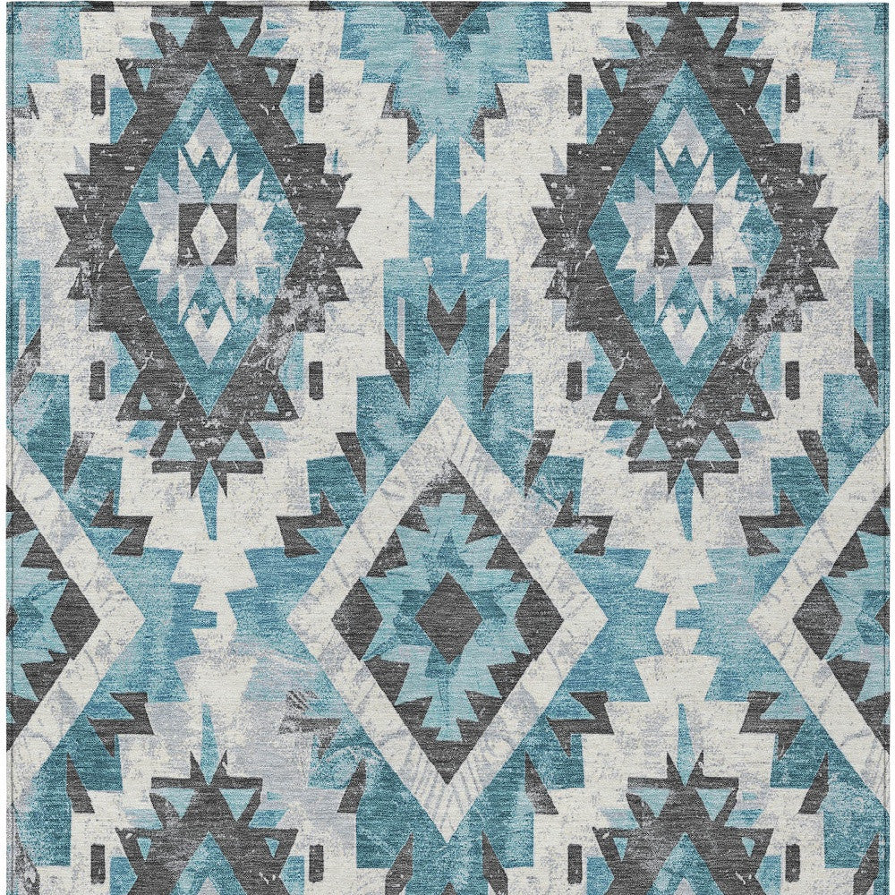 5' X 8' Teal Blue And Gray Aztec Washable Indoor Outdoor Area Rug-3