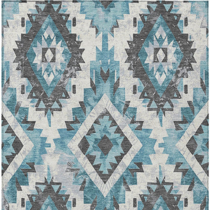 5' X 8' Teal Blue And Gray Aztec Washable Indoor Outdoor Area Rug-3