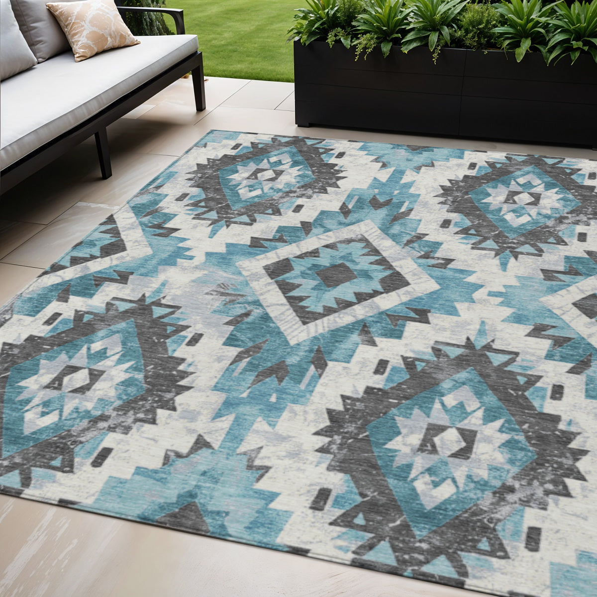 5' X 8' Teal Blue And Gray Aztec Washable Indoor Outdoor Area Rug-1