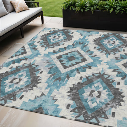 5' X 8' Teal Blue And Gray Aztec Washable Indoor Outdoor Area Rug-1