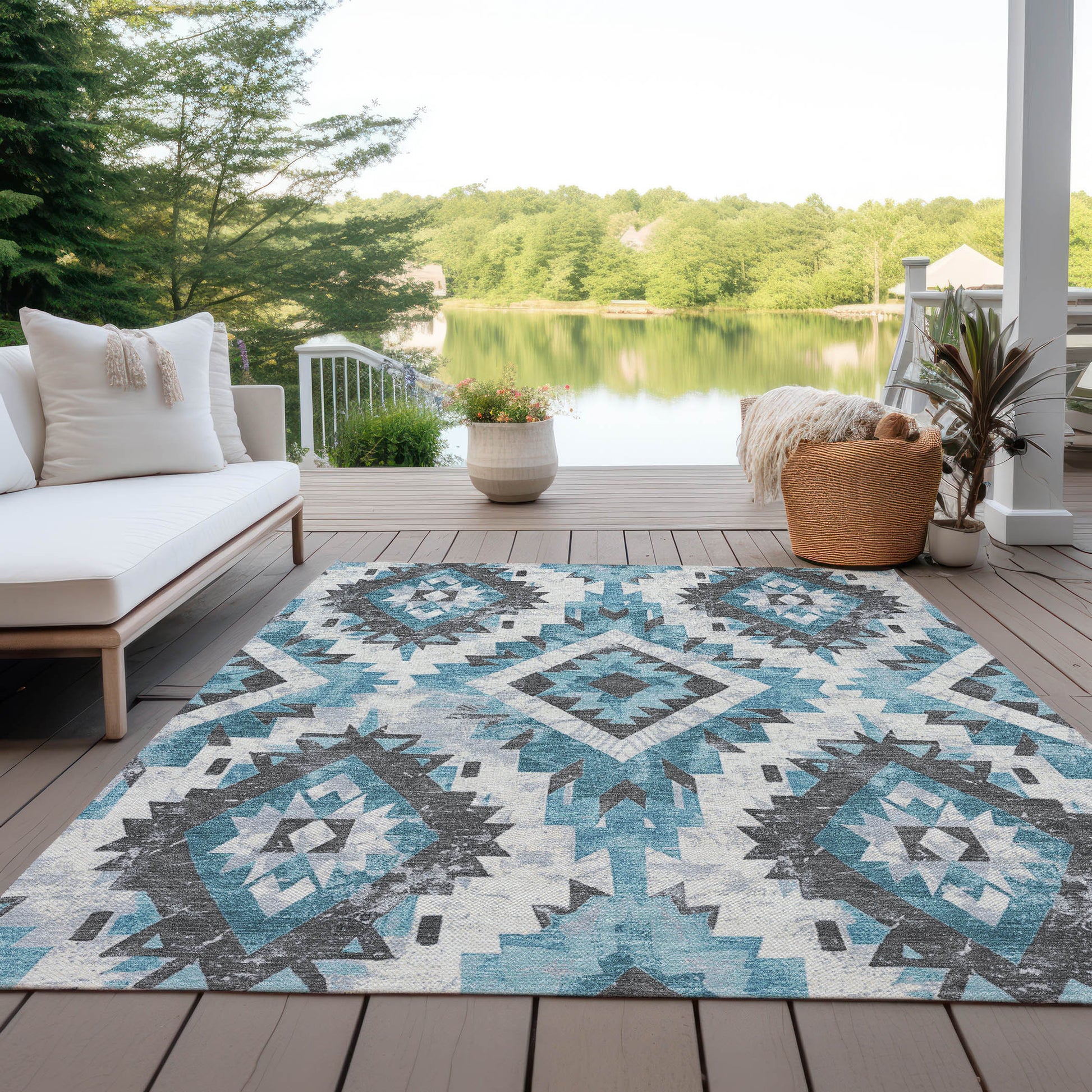 5' X 8' Teal Blue And Gray Aztec Washable Indoor Outdoor Area Rug-6