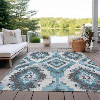 5' X 8' Teal Blue And Gray Aztec Washable Indoor Outdoor Area Rug-6