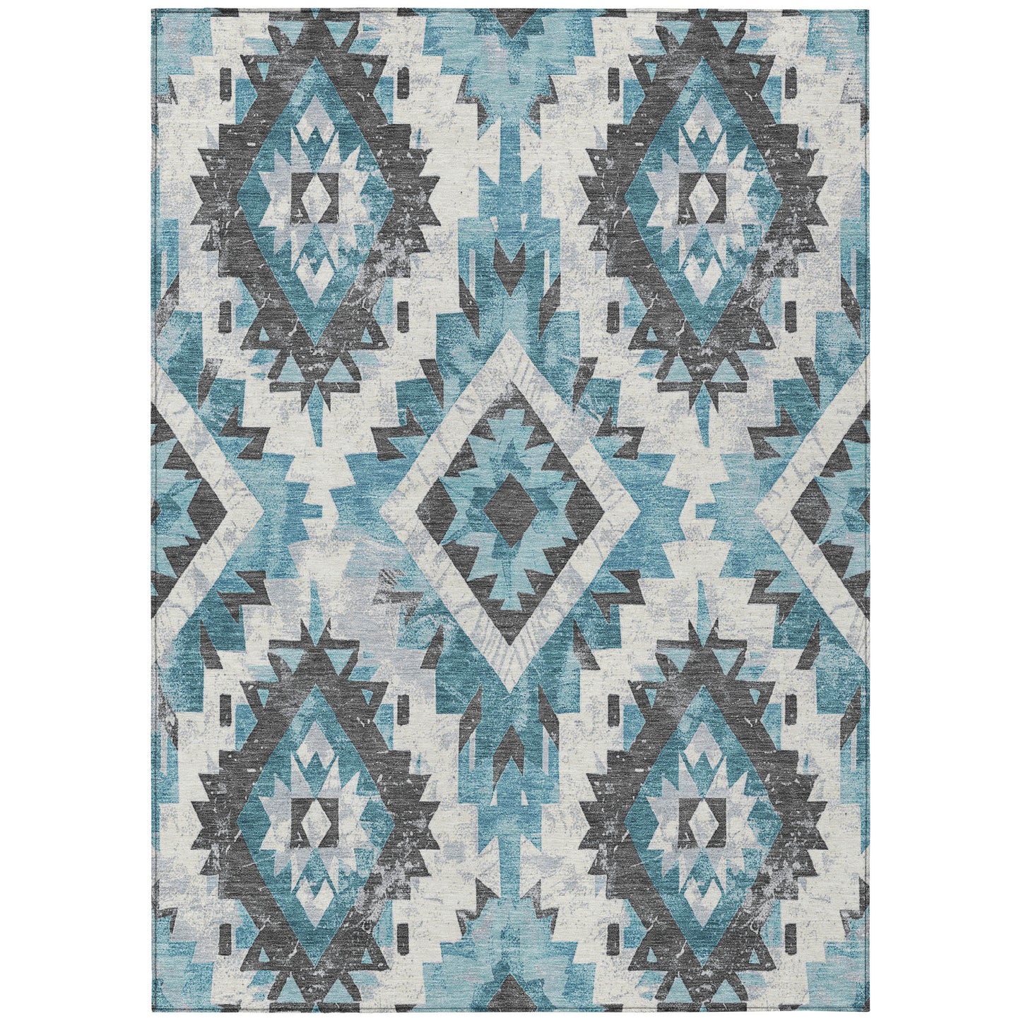 5' X 8' Teal Blue And Gray Aztec Washable Indoor Outdoor Area Rug-0