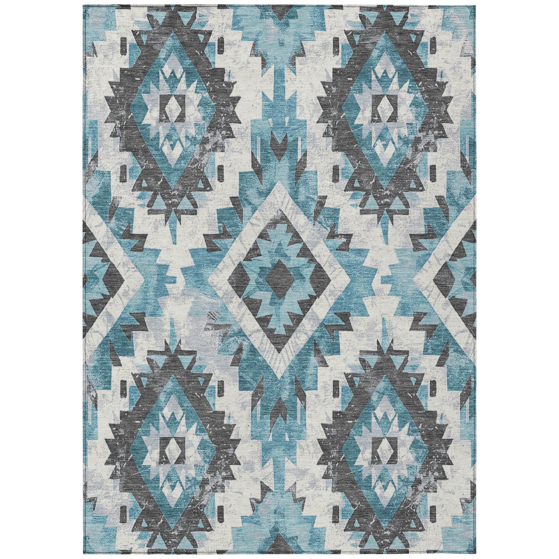 5' X 8' Teal Blue And Gray Aztec Washable Indoor Outdoor Area Rug-0