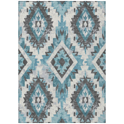 5' X 8' Teal Blue And Gray Aztec Washable Indoor Outdoor Area Rug-0
