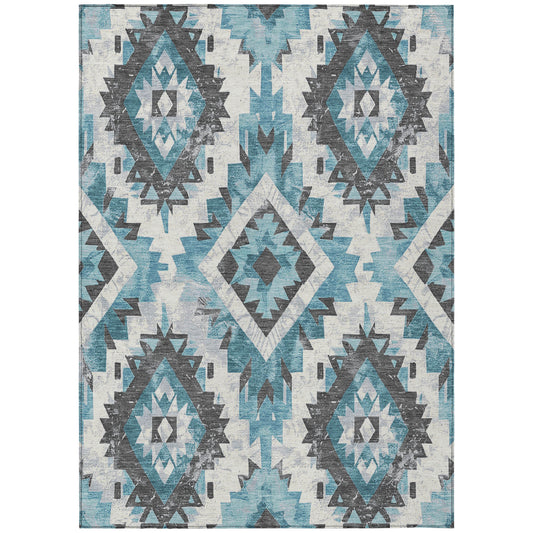 5' X 8' Teal Blue And Gray Aztec Washable Indoor Outdoor Area Rug-0