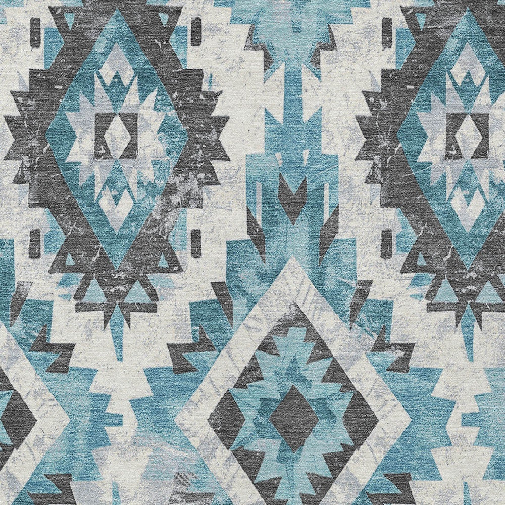 5' X 8' Teal Blue And Gray Aztec Washable Indoor Outdoor Area Rug-5