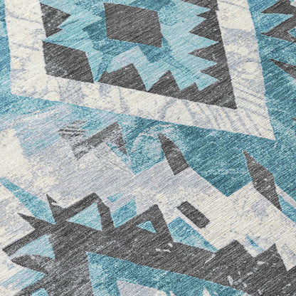 5' X 8' Teal Blue And Gray Aztec Washable Indoor Outdoor Area Rug-4