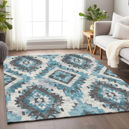 5' X 8' Teal Blue And Gray Aztec Washable Indoor Outdoor Area Rug-7