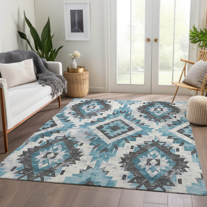 5' X 8' Teal Blue And Gray Aztec Washable Indoor Outdoor Area Rug-8