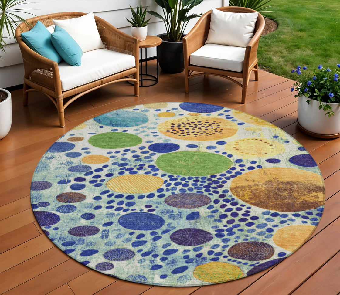 8' Navy Blue Yellow And Green Round Geometric Washable Indoor Outdoor Area Rug-1