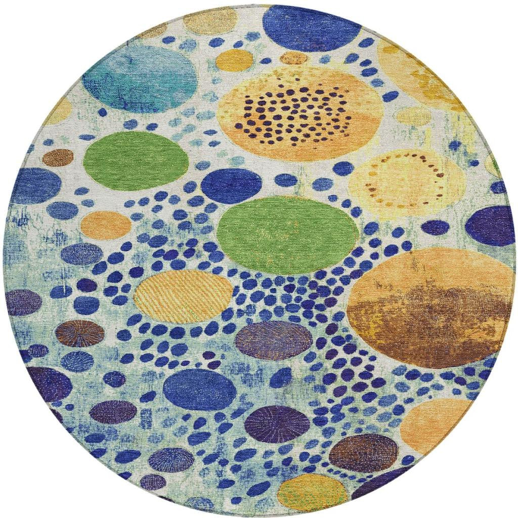 8' Navy Blue Yellow And Green Round Geometric Washable Indoor Outdoor Area Rug-3