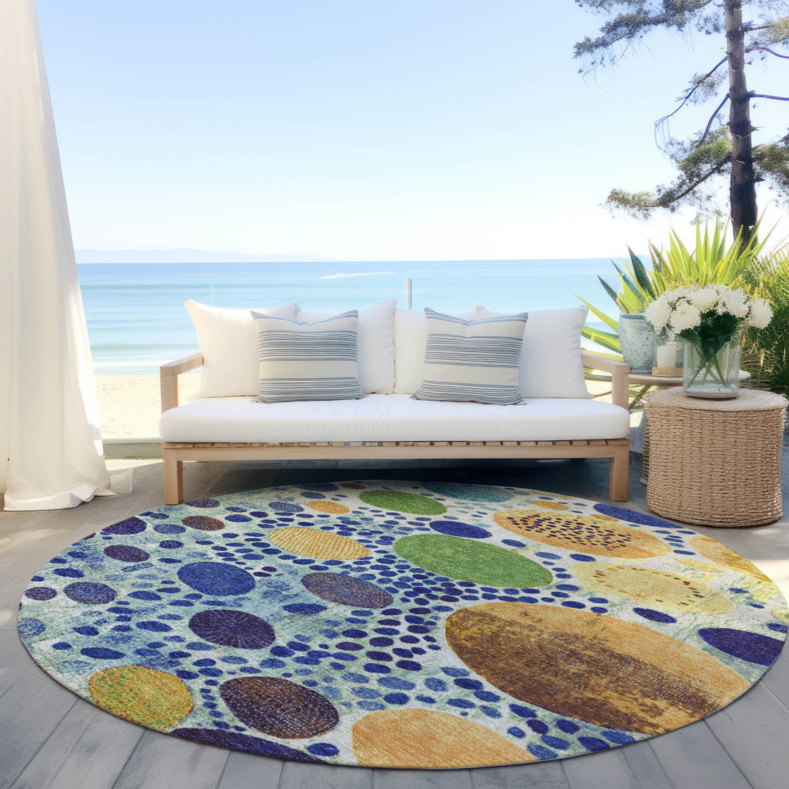 8' Navy Blue Yellow And Green Round Geometric Washable Indoor Outdoor Area Rug-4