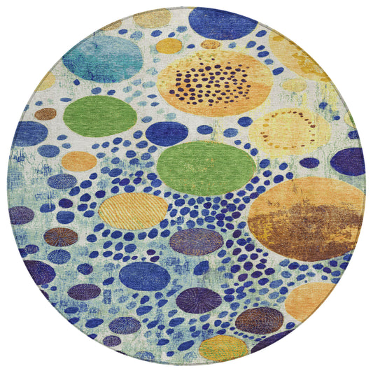 8' Navy Blue Yellow And Green Round Geometric Washable Indoor Outdoor Area Rug-0