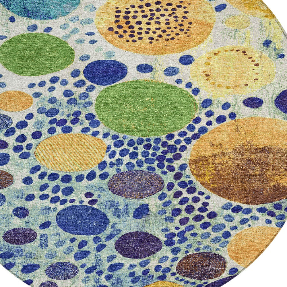 8' Navy Blue Yellow And Green Round Geometric Washable Indoor Outdoor Area Rug-7