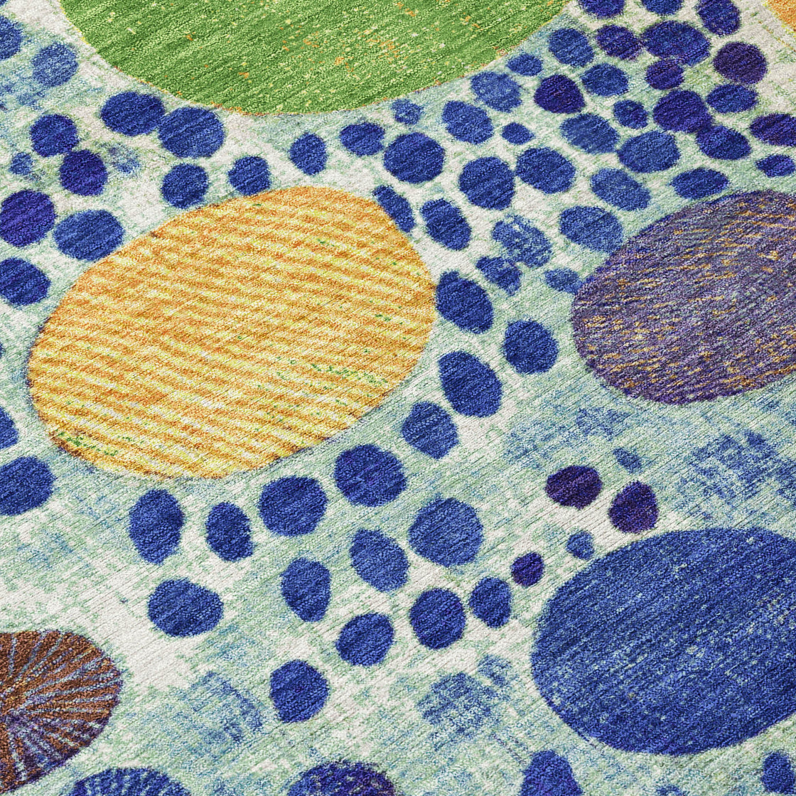 8' Navy Blue Yellow And Green Round Geometric Washable Indoor Outdoor Area Rug-8