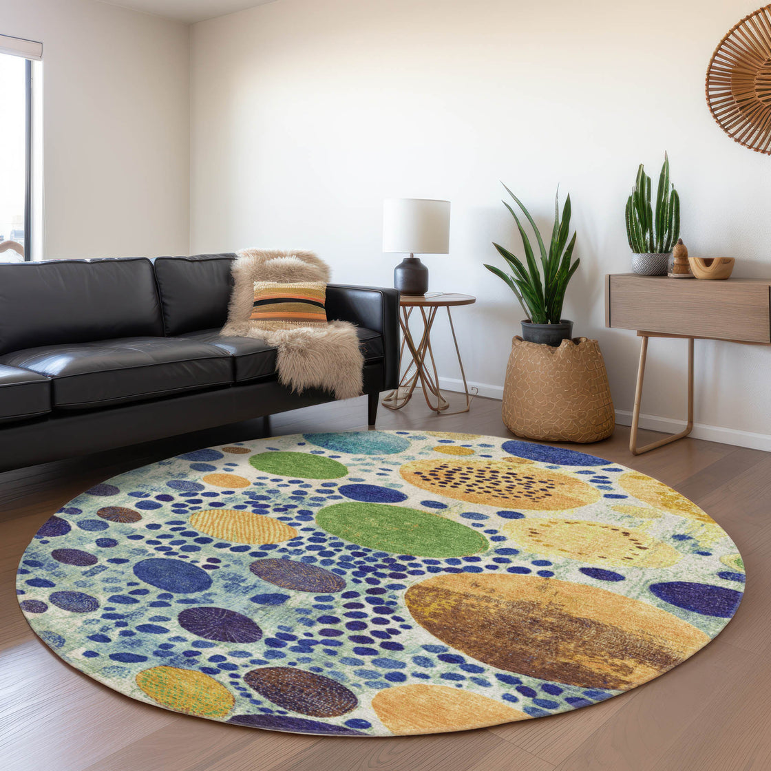 8' Navy Blue Yellow And Green Round Geometric Washable Indoor Outdoor Area Rug-5