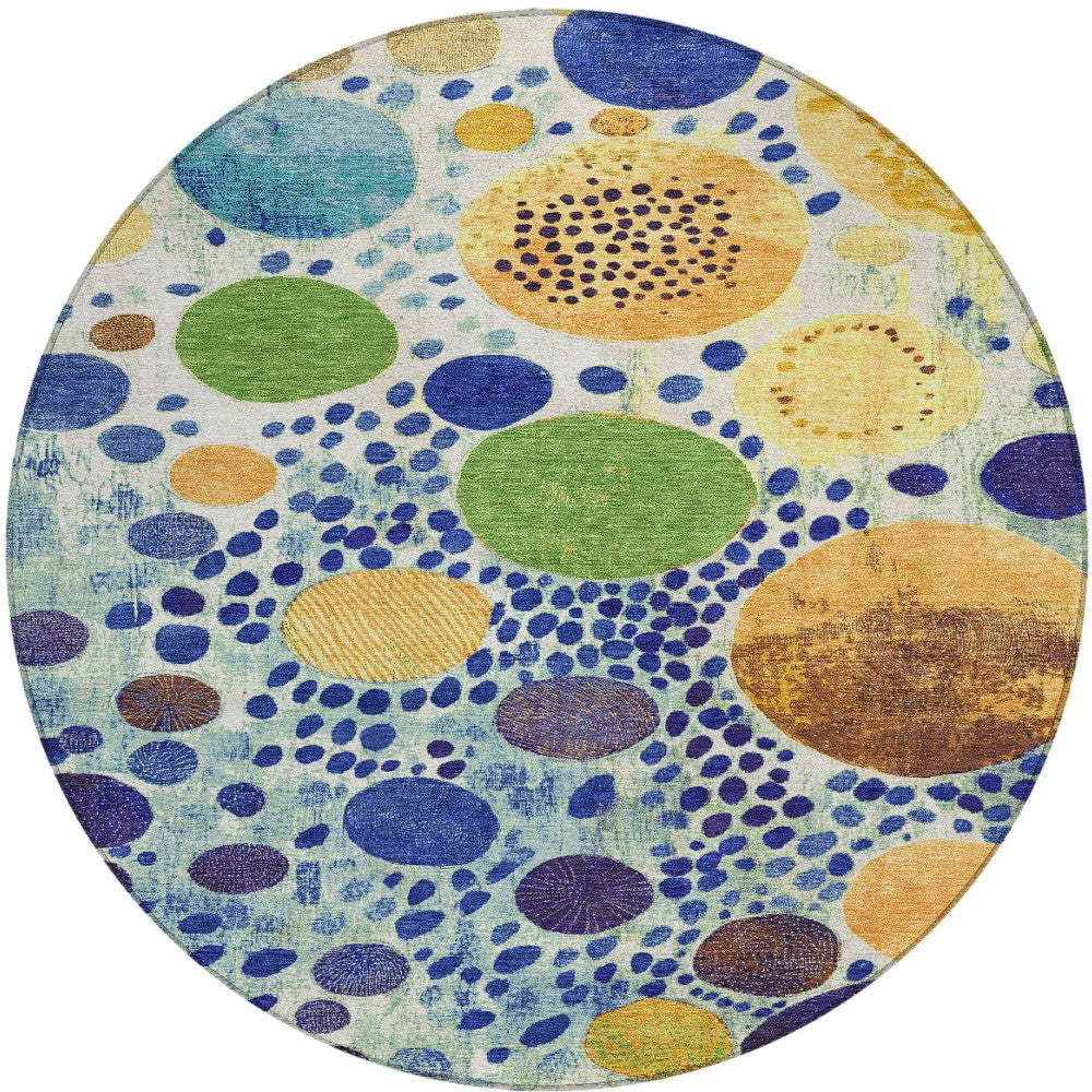 8' Navy Blue Yellow And Green Round Geometric Washable Indoor Outdoor Area Rug-2
