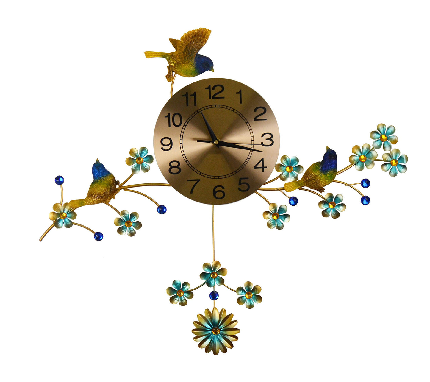 24" Blue Green And Gold Metal Silent Pendulum Floral Wall Clock-1