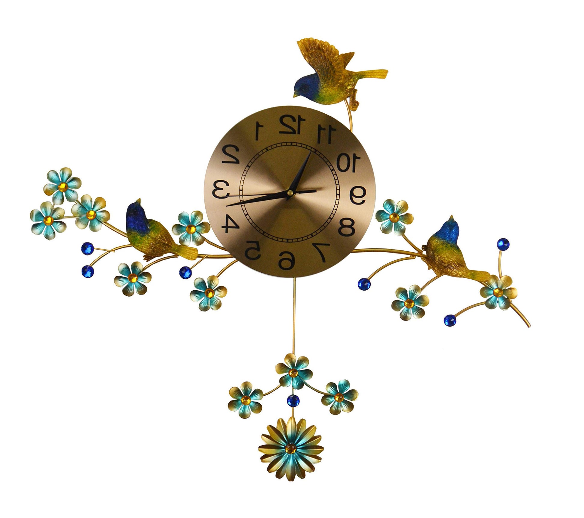 24" Blue Green And Gold Metal Silent Pendulum Floral Wall Clock-2