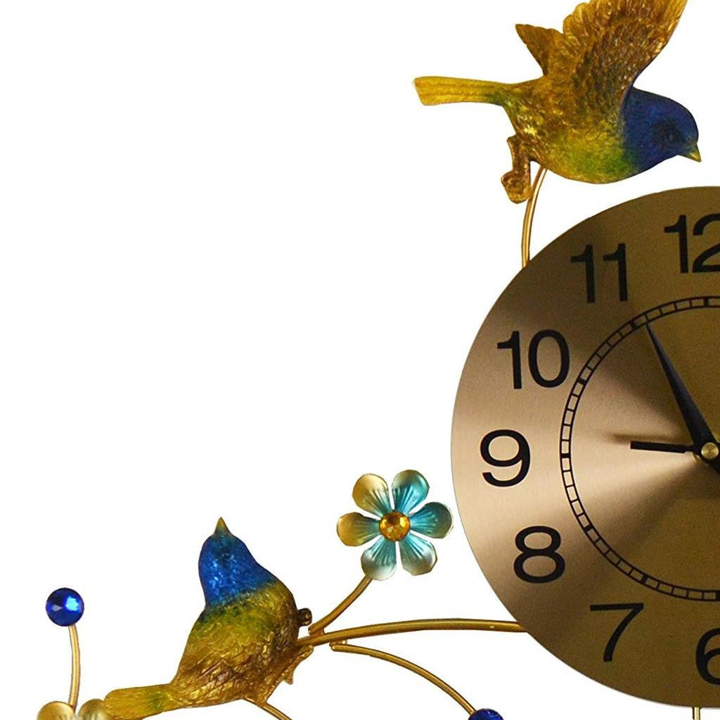 24" Blue Green And Gold Metal Silent Pendulum Floral Wall Clock-4