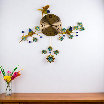 24" Blue Green And Gold Metal Silent Pendulum Floral Wall Clock-0