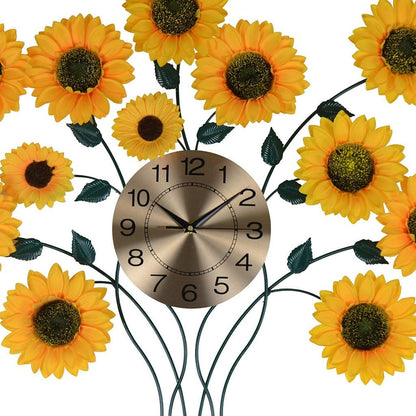 31" Yellow Green And Gold Metal Silent Analog Sunflower Floral Wall Clock-2