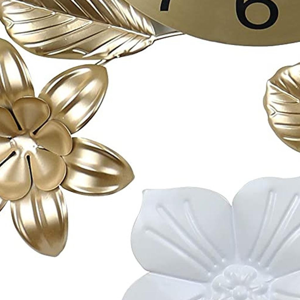 26" Gold White And Black Metal Silent Analog Floral Wall Clock-3
