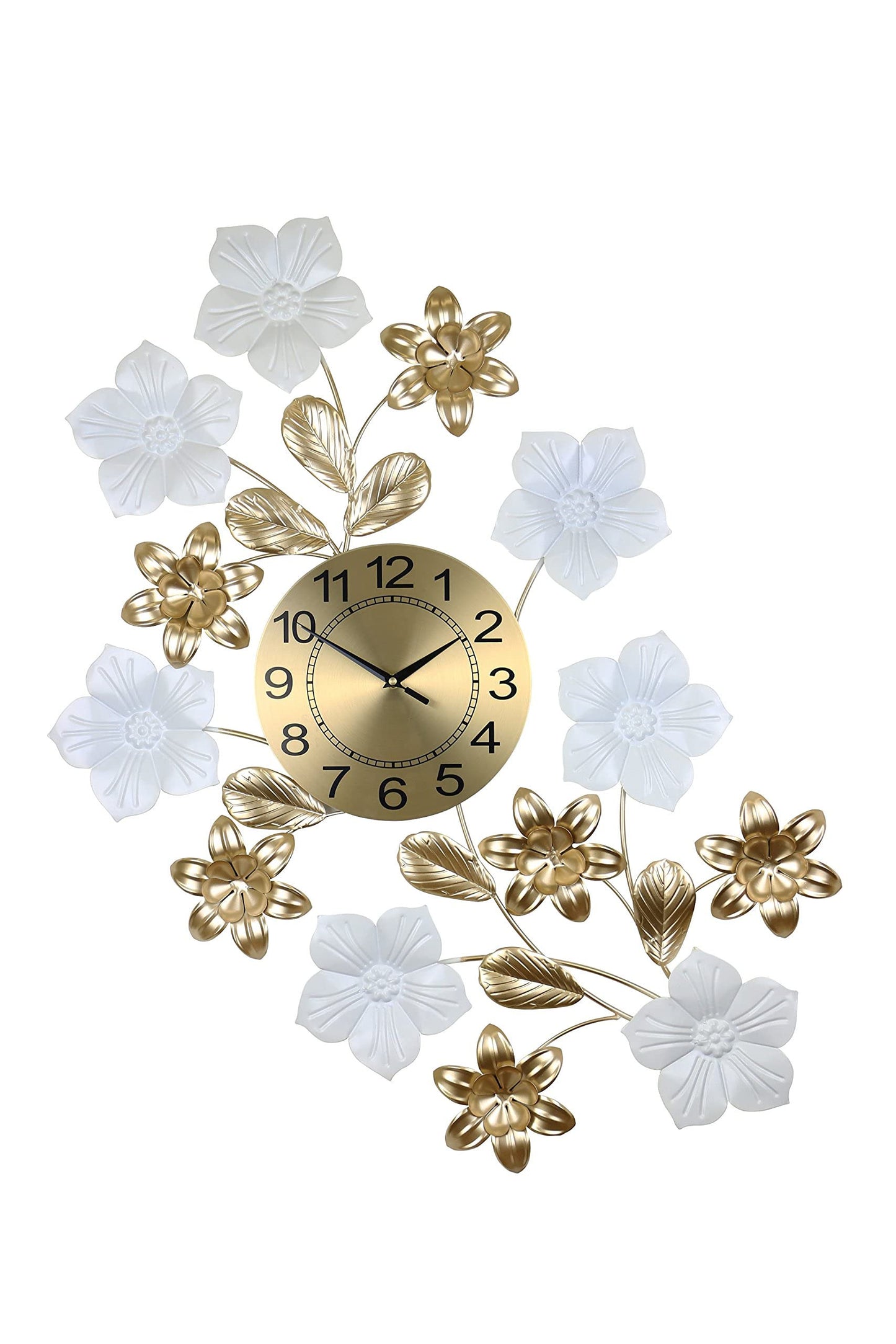 26" Gold White And Black Metal Silent Analog Floral Wall Clock-2